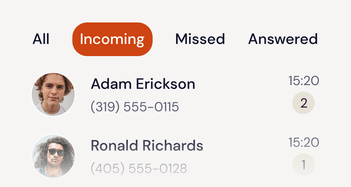 Call history screen in the Xinix portal
