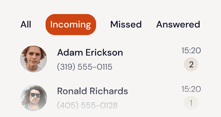 Call history screen in the Xinix portal