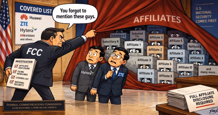 Xinix telecom compliance graphic highlighting the FCC's $189,491 enforcement action against ZTE and Hytera and the importance of affiliate disclosure, regulatory filings and network security.