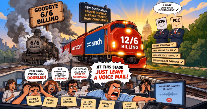 Comic-style illustration explaining the shift from 6/6 to 12/6 call billing and its potential impact on wholesale voice costs, call centres and auto-diallers.