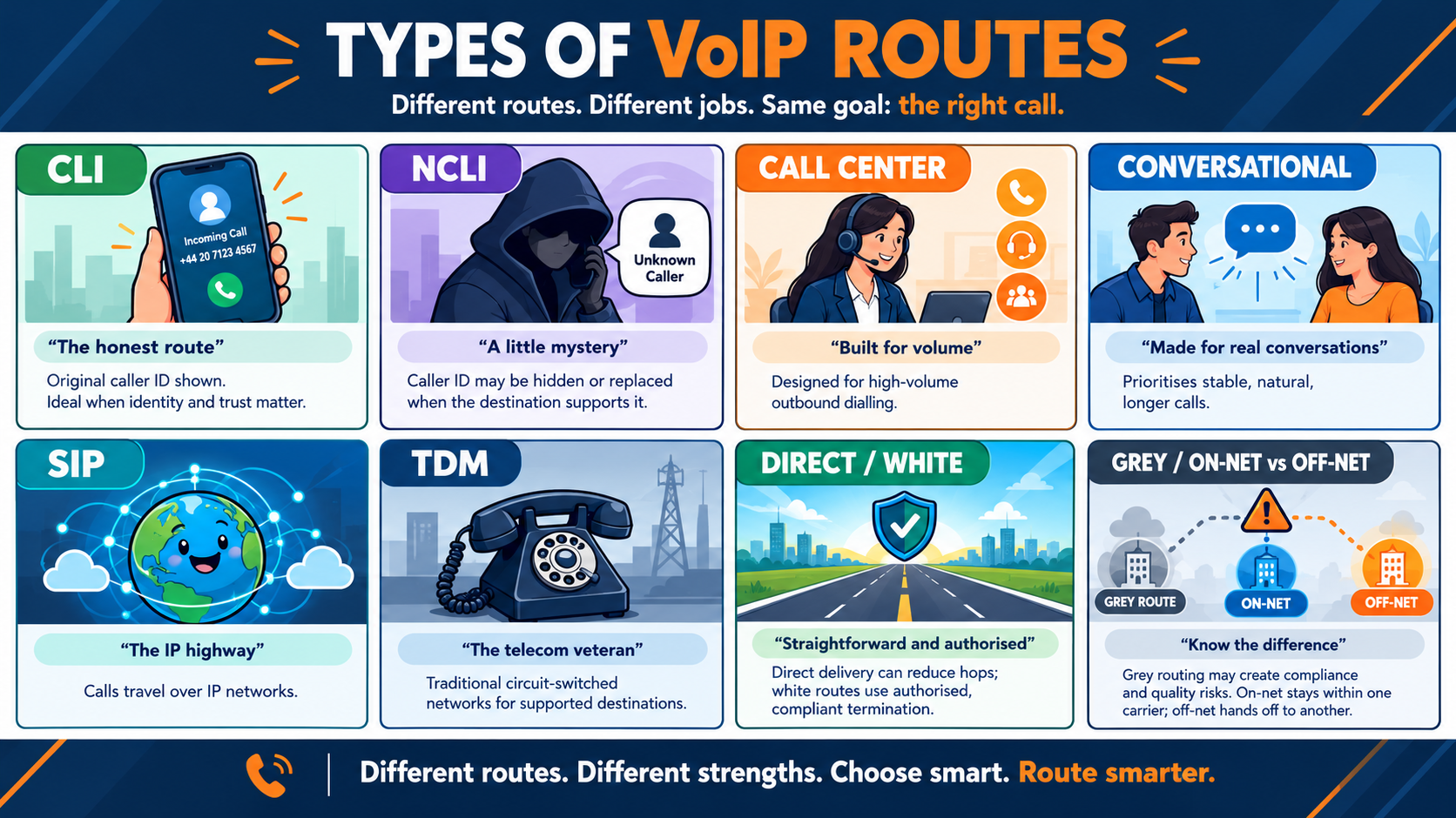 Infographic explaining different types of VoIP routes, including CLI, NCLI, call centre, conversational, SIP, TDM, direct, white, grey, on-net and off-net routes.